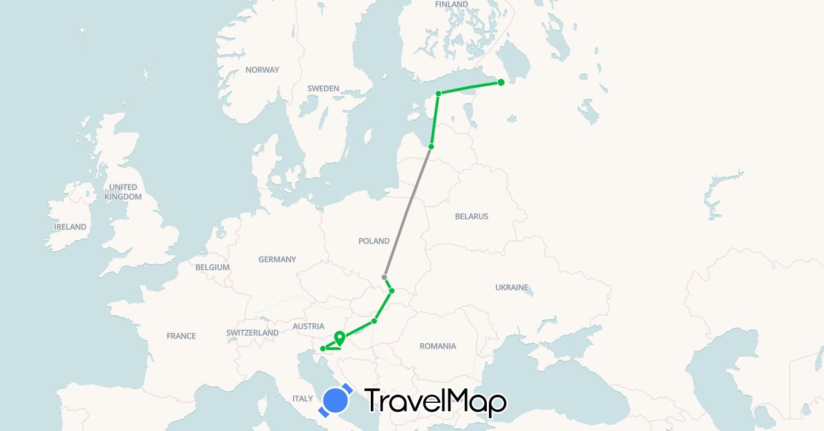 TravelMap itinerary: driving, bus, plane in Estonia, Croatia, Hungary, Latvia, Poland, Russia, Slovenia, Slovakia (Europe)